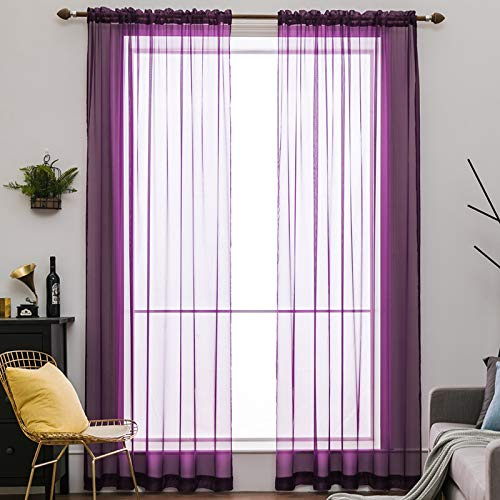 MIULEE Vorhänge Gardinen, Stangendurchzug Lila, 2er Set 175x140cm aus Voile | Transparente Gardine aus Voile, Luftig Leicht, Einfarbig Dekoschal für Wohnzimmer & Schlafzimmer