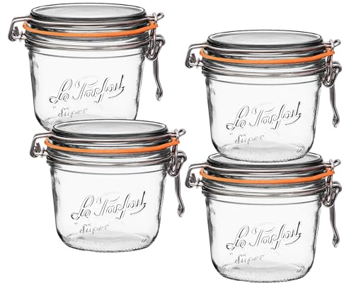 Le Parfait Super Terrine Glas, 500 ml, luftdichte Gummidichtung und Glasdeckel, 4 Stück