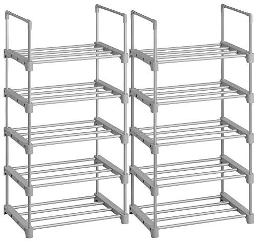 SONGMICS Scarpiera a 5 Ripiani, Set di 2, Scaffale Portascarpe in Metallo, Impilabile e Salvaspazio, Scaffale Portaoggetti, Ingresso Soggiorno Camera, Grigio LSA055G02