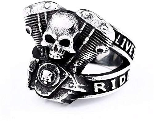 BlackAmazement 316L Edelstahl Ring Live to Ride Ghost Rider Totenkopf Zylinder V Motor Skull Silber Schwarz Biker Herren (68 (21.6))