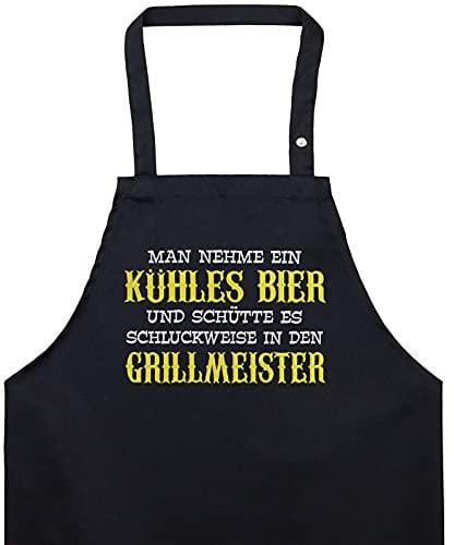 EXPRESS-STICKEREI Lustige Schürze mit Spruch Kühles Bier für GRILLMEISTER Grillschürze Männer/Damen Kochschürze mit Tasche Küchenschürze Herren Latzschürze verstellbar Geschenk Bierliebhaber