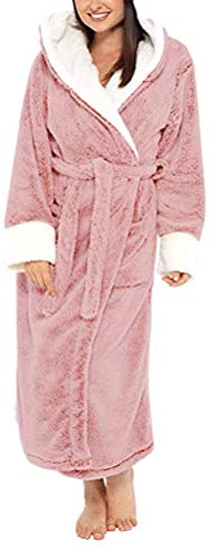 ORANDESIGNE Chemise de Nuit Femme Robe de Chambre en Peluche à Capuche Manche Longue Peignoir Polaire Chaud Couleur Unie Grande Taille Extra Long Luxe Super Doux Automne Hiver A Rose XXL