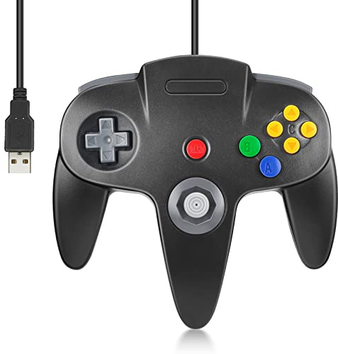 FISUPER Manette de jeu vidéo filaire USB N64, manette de jeu vidéo classique USB pour Windows PC Mac Raspberry Pi Retropie [compatible avec commutateur] (Noir)