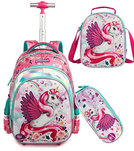 HTgroce 17inch Trolley Rucksack mit Rollen für Kinder Mädchen mit 2 Rollen für Schulrucksäcke Kinder mit Essensbeutel und Federmäppchen- Süße Geschenke für Mädchen.