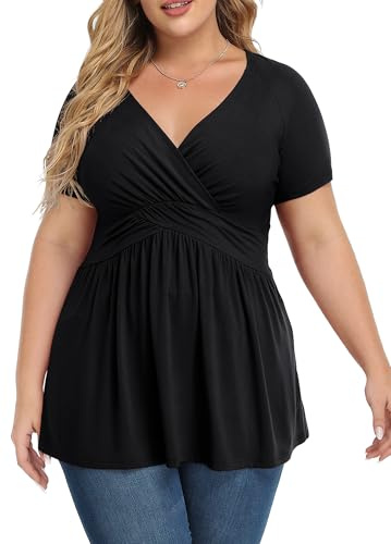 TIANZHU Women'S Plus Size Dressy Black Tops Wrap Shirt Short Sleeve Tunic Shirt V Neck Cute Blouse Black 2X