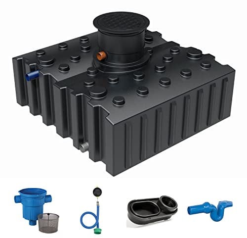 Retentionstank Retentionszisterne flach 4000 Liter Komfort mit Retentionsfilter, Schwimmdrossel 1 Zoll, Überlaufsiphon mit Skimmer und beruhigtem Zulauf für die Retention von Regenwasser