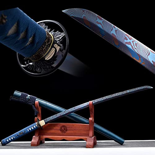 SCJSHU 103cm Blaues Ahornblatt Katana,Hundert raffiniertes Muster Stahl gegrillt Blaue Leitermuster Klinge,Eisenhandschutz,Handgefertigte Samurai-Schwerter für Geschenk,Display,Sammlung, Blue 103cm