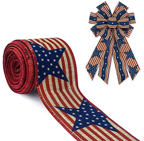 Patriotische Jute-Bänder für Kranz, Schleifen, Verpacken von Geschenken, USA-Stern-Geschenkband, rote Streifen, Geschenkbänder für 4. Juli, Basteln, Kranz, Gedenktag, mit Drahtrand, Juteband