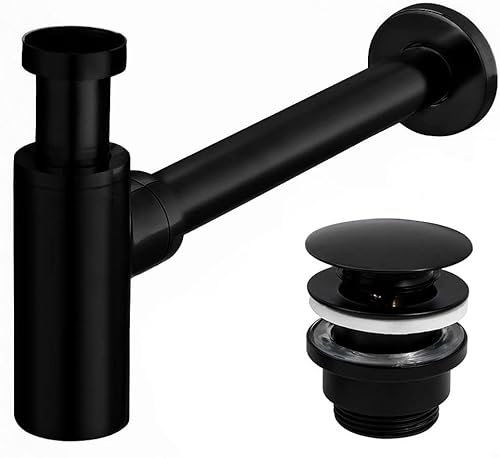 VBChome Waschtisch-Siphon + Click Clack Schwarz Universell Modern Elegantes Design Hochwertiger Flaschensiphon Einfache und Schnelle Montage Top Qualität