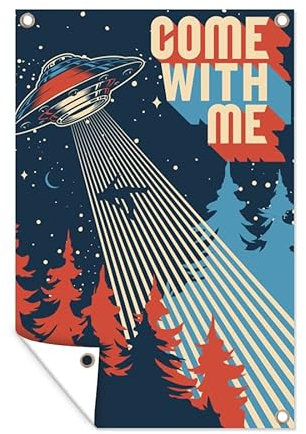 MuchoWow Outdoor-Poster Poster Wanddeko draußen Deko Garten Gartenposter 80x120 cm Ufo - Retro - Science Fiction - Weltraum