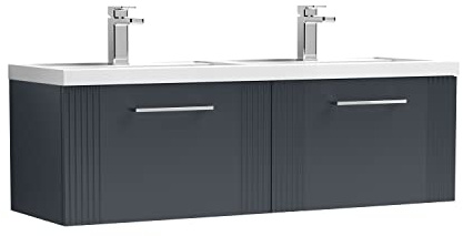 nuie DPF1494C Deco Modern Bathroom Wall Hung 2 Drawer Part Fluted Vanity Basin Unit with Twin Polymarble Basin, 1200mm, Soft Black