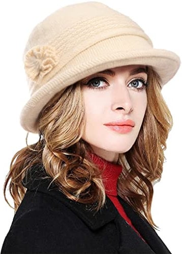 Joligiao Damen Hut Winter Fischerhut Wolle Baskenmütze Vintage Barette Stricken Hüte Warme Wintermütze Kunstpelz Fellmütze Cloche Bucket Hut mit Blumendetail Weiche Breite Krempe,Beige,One Size