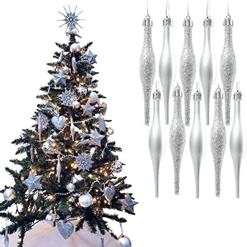 UKDeals Direct® SILVER COLLECTION CHRISTMAS DROPLET BAUBLES TREE DECORATIONS GLITTER MATT ICICLES (Pack of 10 Droplets 120mm)