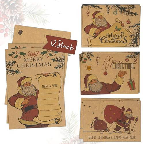 TOBJA® Weihnachtskarten Set Postkarten - 12x Original Kraftpapier Karten | Frohe Weihnachten Karten Santa | 4 x 3 Postkarten Weihnachten