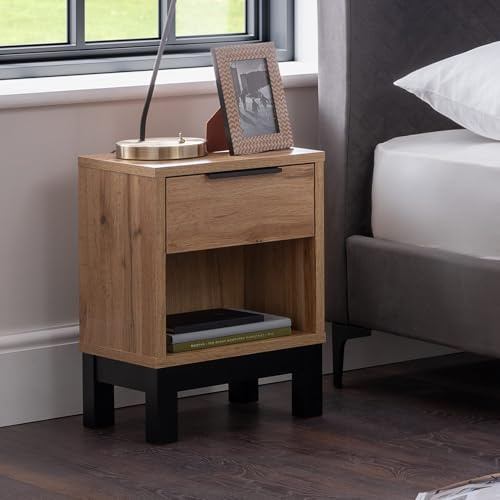 Julian Bowen Bali Bedside Table, 1 Drawer, Oak Effect - W35 x D26cm | Industrial Style Nightstand for Bedroom, H50cm, Easy Assemble, Open Shelf, Practical Storage End Table, Black Legs & Handles