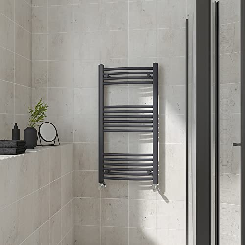 Warmehaus Curved Heated Towel Rail Anthracite Radiator 1000x500mm | Contemporary Bathroom Ladder Style Radiator, Central Heating, Wall Mounted Towel Warmer, Durable Grey Finish