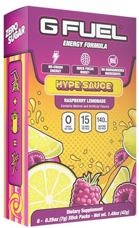 G Fuel Hype Sauce Energy Powder Packets, Sugar Free, Clean Caffeine Focus Supplement, Water Mix, Raspberry + Lemonade Flavor, Focus Amino, Vitamin + Antioxidants Blend - 6 Stick Pack, 0.25 oz