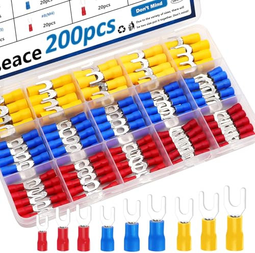 smseace 200pcs 12-Sizes(M3/M4/M5/M6) Fork Spade Connectors 22-16/16-14/12-10AWG Wire Fork Connectors U-Type Insulated Fork Crimp Terminal Cnnectors Assortment Kit