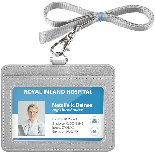 Teskyer Ausweishülle mit Band, Ausweishülle aus PU Leder, mit Transparentem Fenster und 2 Karten, und Nylon Schlüsselband, Horizontaler, Licht Grau