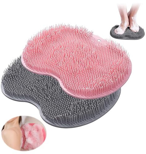 katmerio Lot de 2 tampons de massage antidérapants en silicone - Pour le dos et les pieds - Avec ventouse en silicone - Soulage la fatigue des pieds - Gris et rose