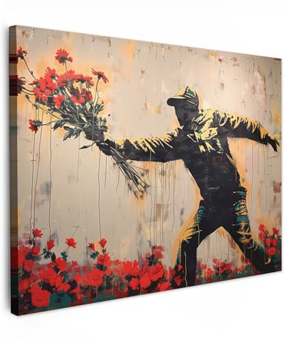MuchoWow© Wandbilder 40x30 cm Wohnzimmer Wanddeko Schlafzimmer Zimmerdeko Wandgemälde Zimmer Deko auf Wand Dekoration Wall Art Street art - Mann - Blumen - Rot - Graffiti - Banksy