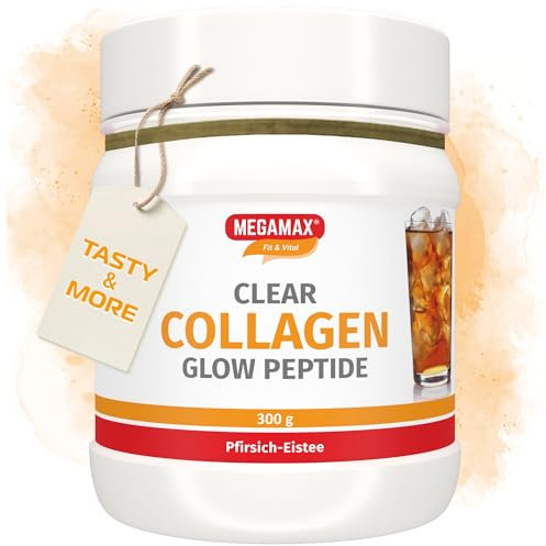 MEGAMAX Clear Collagen Glow Peptide 300g Tasty & More Pfirsich Eistee ideal für Haut u. Haare -3 Port. Glow ca. 25 g Protein - Clear Kollagen Pulver ICE TEA PEACH klar wie Isoclear