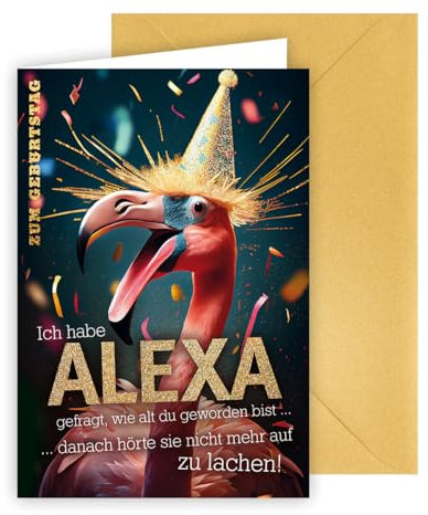 KE - Geburtstagskarte für Männer und Frauen, Glückwunschkarte, Glitzerkarte, inkl. Umschlag, DIN B6 Format, gold, Motiv: Flamingo mit Hut