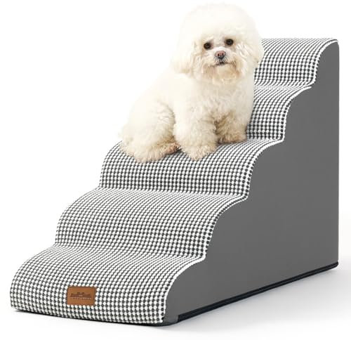 COZY KISS Hundetreppe für Kleine Hunde 57cm, Haustiertreppe für Hochbett aus Schwamm, Hunde Treppe Hunderampe mit Waschbarem Bezug und Rutschfestem Boden, 40x84x57cm, 5 Stufen, Weiß Schwarz