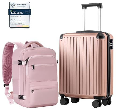 COOLIFE Ryanair Kabinenkoffer-Set 2tlg - 55x40x20+40x30x20 cm EasyJet TSA | PC+ABS Handgepäck Koffer,4 Doppelrollen, Handgepäck Rucksack, Laptopfach–für Priority-Boarding, Städtetrips & Geschäftsreisen