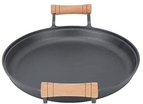 Uadme Bistecchiera rotonda in ghisa per barbecue, con doppi manici in legno, per friggere bistecche e arrostire carne, 30 cm