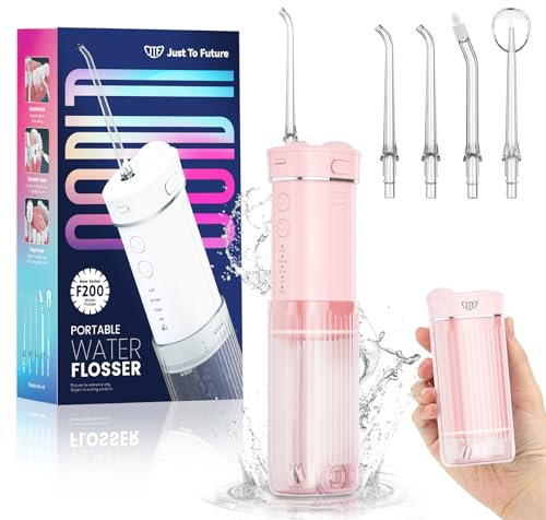 JTF Munddusche Mini, Tragbar Elektrische Zahnreinigung Kabellos, Reise Zahnzwischenraumreiniger mit 5 Ersatzdüsen, 4 Modi Water Flosser, 230ML Versenkbarer Wassertank, IPX7 Wasserdicht(Rosa)