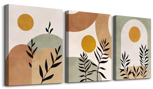 hyidecorart Quadri Boho Soggiorno Arancione, Quadro Astratti Verde Salvia Foglia Su Tela Sole Mattutino Foglie Astratte Geometria Minimalismo Nordico Pianta Camera da letto Ufficio e Bagno