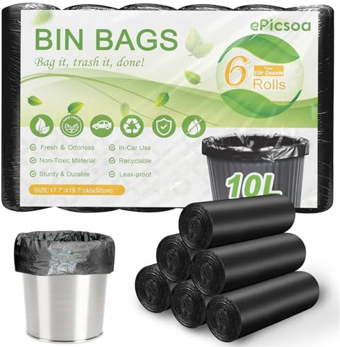 10L Small Bin Bags, 120 Counts Bin Liners Small Pedal Bin Bags Mini Pedal Bin Bags Pedal Bin Liners Mini Garbage Bags for Car, Office, Bathroom, Bedroom (Black, 10L)