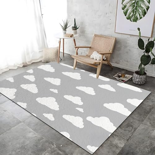 Teppich Verträumte weiße Wolken Thema Waschbar Kurzflor Teppiche Anti-Rutsch Unterseite, Grau Teppich 140x200 cm für Wohnzimmer Schlafzimmer Küchen Balkon Innendekoration