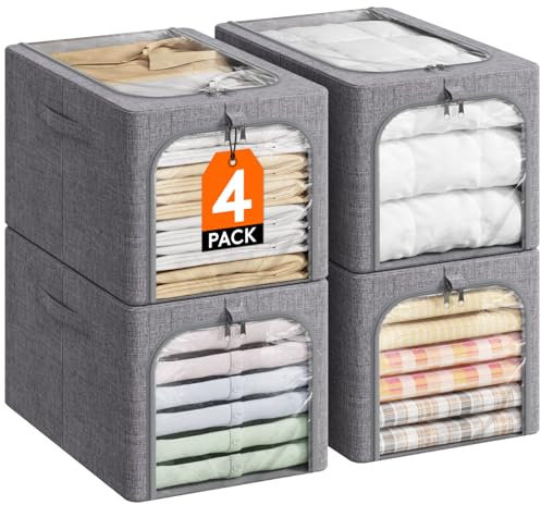 Lifewit 4 Stück Kleideraufbewahrungsbehälter mit Metallrahmen, Faltbare Aufbewahrungsbox mit Deckel, 40L Stapelbare Aufbewahrungsbeutel Stoffbehälter Organizer mit Klarsichtfenster, Robuste Griffe