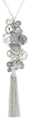 Bulinlin Silber Lange Kette Damen Mit Quasten Anhänger - Modeschmuck Lang Geburtstagsgeschenk für Frauen (Grey)