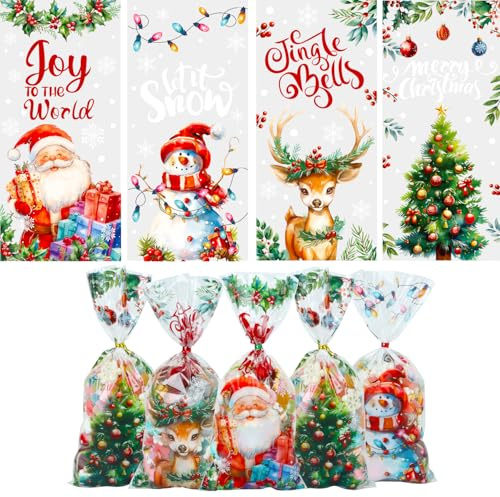 VEYLIN Weihnachten Süßigkeiten Tüten,120 Stück cellophantüten groß,Weihnachten Plätzchentüten,27×13cm Spitztüten,bonbon tüten Kann für Süßigkeiten, Kekse, Popcorn, Nüsse usw