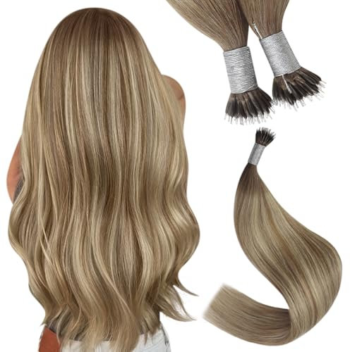 YoungSee 22inch Nano Beads Hair Extensions Ombre Light Brown with Platinum Blonde Nano Loop Hair Extensions Balayage Cold Fusion Lightweight No Shedding Natural Texture Add Length Pre Bonded 50g 50S