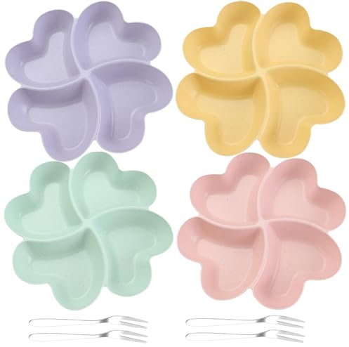 Coztie Piatto da spuntino con 4 scomparti, 4 piatti da spuntino a forma di cuore con 4 forchette da frutta in acciaio inox, riutilizzabile, per la famiglia, la sala da pranzo, la frutta, snack 21,5 x