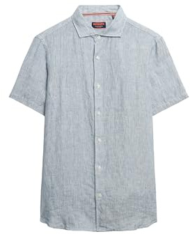 Superdry Herren Vacation Hemd mit kurzen Ärmeln aus Leinen Marineblau Ticking Leinen L