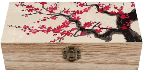 FZQVSGW Aufbewahrungsbox aus Holz, japanisches Blumenmuster, Kirschblüten, mit Deckel und Scharnier, dekorative Boxen, tragbare Holztruhe, Schmuckkästchen für Handwerk, Kunst, Hobbys, Aufbewahrung zu