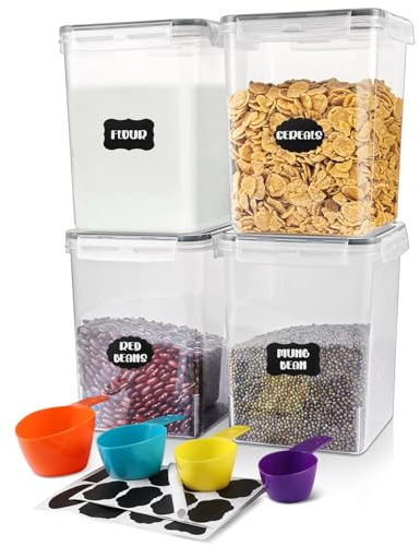 FWEEK 4 Stücke 5,2L Groß Vorratsdosen mit Deckel, 4er Set Vorratsdosen Luftdicht mit Aufkleber und Messlöffel, BPA Frei Plastik Aufbewahrungsbox Küche für Mehl Getreide Cornflakes Zucker