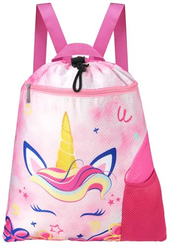 WAWSAM Kordelzug Rucksack Kinder - Turnbeutel Mädchen Sportbeutel Einhorn String-Rucksack für Mädchen Sport Schule Strand Reisen Schwimmen Sportbeutel mit Reißverschlusstasche Wasserflasche Tasche