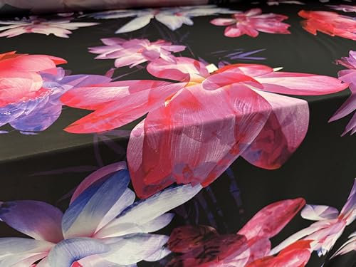 Chiffon-Stoff, gewebt, leicht, Meterware, Jumbo-Lilien-Druck, Schwarz / Kirschrot / Flieder