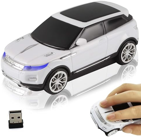 Kabellose Maus, 2,4 G SUV Form Auto Maus mit Scheinwerfer, Ergonomische und Leise Optische Maus mit USB-Empfänger, für Laptop PC, Geschenk für Familie und Freunde - Weiß