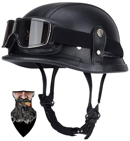 Rétro Cuir Demi Casque Moto Bol Style Allemand avec Visière UV Lunettes, Certifié Dot/ECE Casque pour Scooter Bike Cruiser Chopper Moped Casque RéTro De (55-64cm)