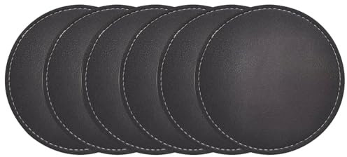Lot de 6 sous-Verres en Cuir, Set de Coaster Antidérapant Rond Antidérapant Dessous de Tasse Anti-Tâches Lavable Résistant à la Chaleur Dessous de Verre pour Fêtes Maison Bureau et Plus, Noir
