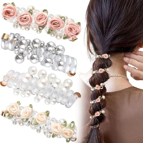 SmallCat 4PCS Spiral Hair Ties with Roses Beads, 4 Styles Flower Pearl Phone Cord Shape Hair Bands, Elastic Rubber Ponytail Holders for Women, No Crease Hair Accessories for Long Curly Hair