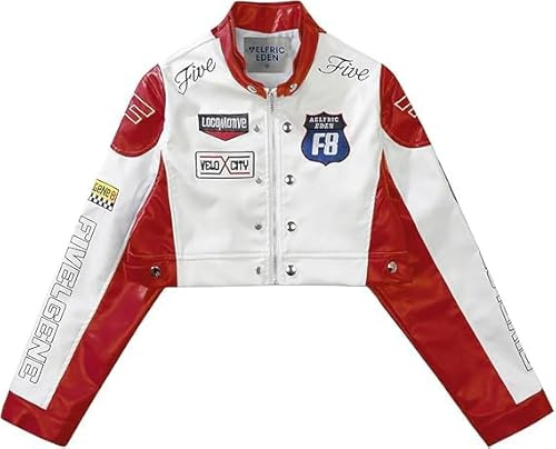 Aelfric Eden Chaqueta de piel sintética para mujer, chaqueta de carreras cortada, cremallera patchwork con letras impresas, chaqueta de moto Hiphop Y2K Streetwear, rojo, M