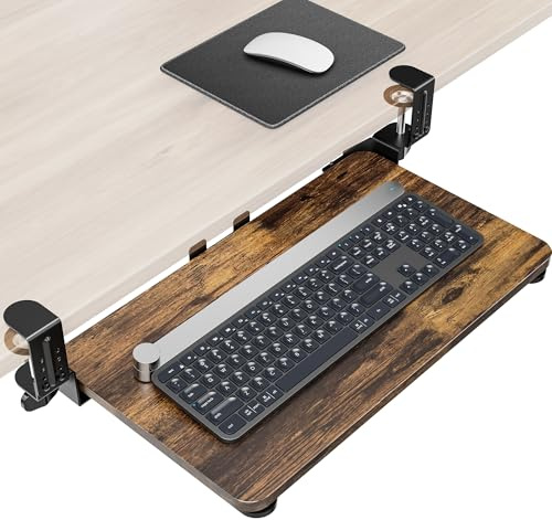 Zontera Ergonomic Mouse & Keyboard Tray Under Desk, 20x11.8 in Board, Brown | Heavy Duty Keyboard Drawer, Adjustable Height C-Clamp, Slide-Out Platform, Desk Accessories for Typing, 25.9 Including Clamp